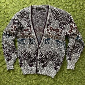 Vintage Michael Gerald Heather Gray and Jewel-Tone Patterned Cardigan